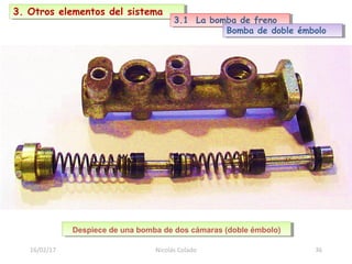 16/02/17 Nicolás Colado 36
Despiece de una bomba de dos cámaras (doble émbolo)Despiece de una bomba de dos cámaras (doble émbolo)
3. Otros elementos del sistema3. Otros elementos del sistema
3.1 La bomba de freno3.1 La bomba de freno
Bomba de doble émboloBomba de doble émbolo
 