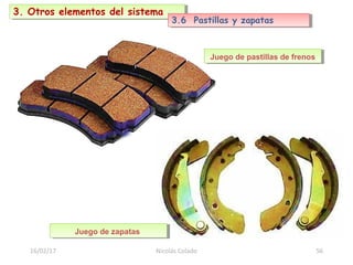 16/02/17 Nicolás Colado 56
3. Otros elementos del sistema3. Otros elementos del sistema
3.6 Pastillas y zapatas3.6 Pastillas y zapatas
Juego de zapatasJuego de zapatas
Juego de pastillas de frenosJuego de pastillas de frenos
 