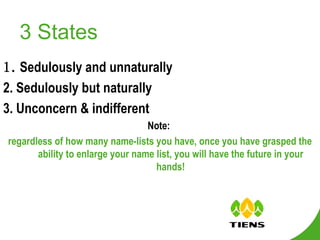 3 States 1. Sedulously and unnaturally 2. Sedulously but naturally 3. Unconcern & indifferent Note:  regardless of how many name-lists you have, once you have grasped the ability to enlarge your name list, you will have the future in your hands! 