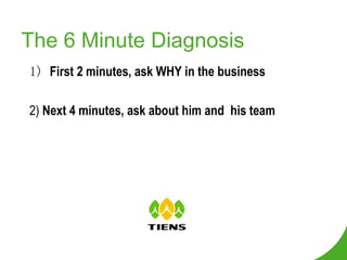 The 6 Minute Diagnosis 1)  First 2 minutes, ask WHY in the business 2)  Next 4 minutes, ask about him and  his team 