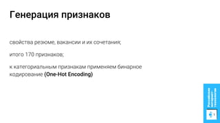 Генерация признаков
свойства резюме, вакансии и их сочетания;
итого 170 признаков;
к категориальным признакам применяем бинарное
кодирование (One-Hot Encoding)
 