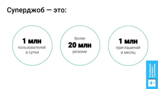 Суперджоб — это:
1 млн
приглашений
в месяц
1 млн
пользователей
в сутки
более
20 млн
резюме
 