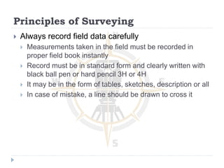 Principles of Surveying
 Always record field data carefully
 Measurements taken in the field must be recorded in
proper field book instantly
 Record must be in standard form and clearly written with
black ball pen or hard pencil 3H or 4H
 It may be in the form of tables, sketches, description or all
 In case of mistake, a line should be drawn to cross it
 