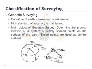 Classification of Surveying
 Geodetic Surveying
 Curvature of earth is taken into consideration.
 High standard of accuracy is maintained.
 Main object of Geodetic Survey: Determine the precise
location of a system of widely spaced points on the
surface of the earth. These points are used as control
stations.
 