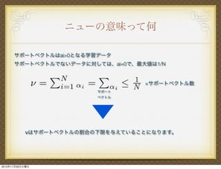ニューの意味って何
サポートベクトルはai>0となる学習データ
サポートベクトルでないデータに対しては、ai=0で、最大値は1/N

×サポートベクトル数
サポート
ベクトル

νはサポートベクトルの割合の下限を与えていることになります。

2013年11月26日火曜日

 