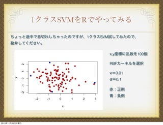 1クラスSVMをRでやってみる
ちょっと途中で息切れしちゃったのですが、1クラスSVM試してみたので、
勘弁してください。
x,y座標に乱数を100個
RBFカーネルを選択
ν＝0.01
σ＝0.1
赤：正例
青：負例

2013年11月26日火曜日

 