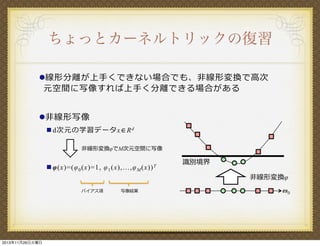 ちょっとカーネルトリックの復習
! 線 形分離が上 くできない場合でも、 線形変換で
元空間に写像すれば上 く分離できる場合がある

次

!  線形写像
" d次元の学習データx∈R d
線形変換!でM次元空間に写像

" !(x)=(! 0 (x)=1, ! 1 (x),…,! M
バイアス項

2013年11月26日火曜日

写像結果

(x)) T

識別境界
線形変換!
!0

 