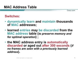 MAC Address Table

Switches:
• dynamically learn and maintain thousands
  of MAC addresses;
• learned entries may be discarded from the
  MAC address table (to preserve memory and
  for optimal operation) ;
• the MAC address entry is automatically
  discarded or aged out after 300 seconds (if
 no frames are seen with a previously learned
 address).
       © 2004, Cisco Systems, Inc. All rights reserved.   42
 
