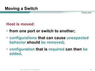 Moving a Switch


Host is moved:
• from one port or switch to another;
• configurations that can cause unexpected
  behavior should be removed;
• configuration that is required can then be
  added.


       © 2004, Cisco Systems, Inc. All rights reserved.   59
 