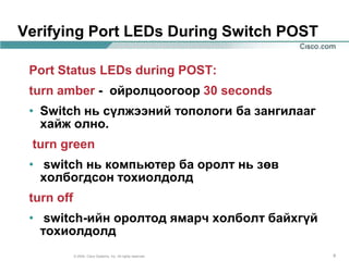 Verifying Port LEDs During Switch POST

 Port Status LEDs during POST:
 turn amber - ойролцоогоор 30 seconds
 • Switch нь сүлжээний топологи ба зангилааг
   хайж олно.
 turn green
 • switch нь компьютер ба оролт нь зөв
   холбогдсон тохиолдолд
 turn off
 • switch-ийн оролтод ямарч холболт байхгүй
   тохиолдолд
            © 2004, Cisco Systems, Inc. All rights reserved.   9
 