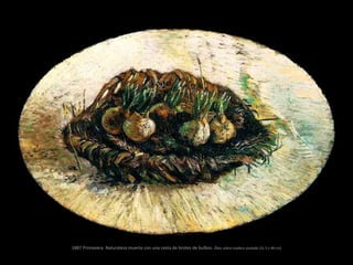 1887 Primavera. Naturaleza muerta con una cesta de brotes de bulbos. Óleo sobre madera ovalada (31.5 x 48 cm)
 