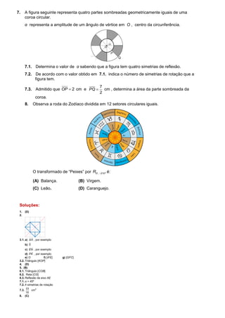 7. A figura seguinte representa quatro partes sombreadas geometricamente iguais de uma
coroa circular.
α representa a amplitude de um ângulo de vértice em O , centro da circunferência.
7.1. Determina o valor de α sabendo que a figura tem quatro simetrias de reflexão.
7.2. De acordo com o valor obtido em 7.1. indica o número de simetrias de rotação que a
figura tem.
7.3. Admitido que 2
OP = cm e
7
2
PQ = cm , determina a área da parte sombreada da
coroa.
8. Observa a roda do Zodíaco dividida em 12 setores circulares iguais.
O transformado de “Peixes” por , 210º
O
R − é:
(A) Balança. (B) Virgem.
(C) Leão. (D) Caranguejo.
Soluções:
1. (D)
2.
3.1. a) AH
uuuu
r
, por exemplo
b) 0
r
c) EN
uuur
, por exemplo
d) PK
uuur
, por exemplo
e) O f) [IFE] g) [GFC]
3.2. Triângulo [KOP]
4. (D)
5. (B)
6.1. Triângulo [COB]
6.2. Reta [CG]
6.3. Reflexão de eixo AE
7.1. α = 45º
7.2. 4 simetrias de rotação
7.3.
33
16
cm2
8. (C)
 
