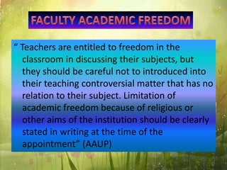 “ Teachers are entitled to freedom in the
classroom in discussing their subjects, but
they should be careful not to introduced into
their teaching controversial matter that has no
relation to their subject. Limitation of
academic freedom because of religious or
other aims of the institution should be clearly
stated in writing at the time of the
appointment” (AAUP)
 