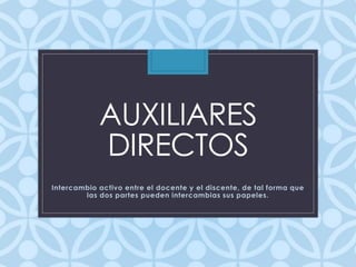AUXILIARES
DIRECTOS
Intercambio activo entre el docente y el discente, de tal forma que
las dos partes pueden intercambias sus papeles.
 