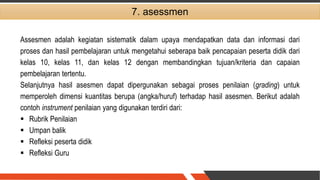 7. asessmen
Assesmen adalah kegiatan sistematik dalam upaya mendapatkan data dan informasi dari
proses dan hasil pembelajaran untuk mengetahui seberapa baik pencapaian peserta didik dari
kelas 10, kelas 11, dan kelas 12 dengan membandingkan tujuan/kriteria dan capaian
pembelajaran tertentu.
Selanjutnya hasil asesmen dapat dipergunakan sebagai proses penilaian (grading) untuk
memperoleh dimensi kuantitas berupa (angka/huruf) terhadap hasil asesmen. Berikut adalah
contoh instrument penilaian yang digunakan terdiri dari:
 Rubrik Penilaian
 Umpan balik
 Refleksi peserta didik
 Refleksi Guru
 