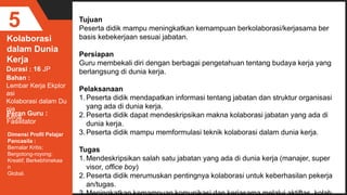 Kolaborasi
dalam Dunia
Kerja
5
Durasi : 16 JP
Bahan :
Lembar Kerja Ekplor
asi
Kolaborasi dalam Du
nia
Kerja
Tujuan
Peserta didik mampu meningkatkan kemampuan berkolaborasi/kerjasama ber
basis kebekerjaan sesuai jabatan.
Persiapan
Guru membekali diri dengan berbagai pengetahuan tentang budaya kerja yang
berlangsung di dunia kerja.
Pelaksanaan
1.Peserta didik mendapatkan informasi tentang jabatan dan struktur organisasi
yang ada di dunia kerja.
2.Peserta didik dapat mendeskripsikan makna kolaborasi jabatan yang ada di
dunia kerja.
3.Peserta didik mampu memformulasi teknik kolaborasi dalam dunia kerja.
Tugas
1.Mendeskripsikan salah satu jabatan yang ada di dunia kerja (manajer, super
visor, office boy)
2.Peserta didik merumuskan pentingnya kolaborasi untuk keberhasilan pekerja
an/tugas.
Peran Guru :
Fasilitator
Dimensi Profil Pelajar
Pancasila :
Bernalar Kritis;
Bergotong-royong;
Kreatif; Berkebhinekaa
n
Global.
 