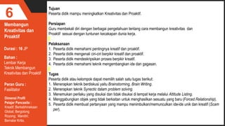 Membangun
Kreativitas dan
Proaktif
6
Durasi : 16 JP
Bahan :
Lembar Kerja
Teknik Membangun
Kreativitas dan Proaktif
Tujuan
Peserta didik mampu meningkatkan Kreativitas dan Proaktif.
Persiapan
Guru membekali diri dengan berbagai pengetahuan tentang cara membangun kreativitas dan
Proaktif sesuai dengan tuntunan kecakapan dunia kerja.
Pelaksanaan
1. Peserta didik memahami pentingnya kreatif dan proaktif.
2. Peserta didik mengenali ciri-ciri berpikir kreatif dan proaktif.
3. Peserta didik mendeskripsikan proses berpikir kreatif.
4. Peserta didik memahami teknik mengembangkan ide dan gagasan.
Tugas
Peserta didik atau kelompok dapat memilih salah satu tugas berikut:
1. Menerapkan teknik berdiskusi yaitu Brainstorming, Brain Writing.
2. Menerapkan teknik Synectic dalam problem solving.
3. Menemukan perilaku yang disukai dan tidak disukai di tempat kerja melalui Attitude Listing.
4. Menggabungkan objek yang tidak berkaitan untuk menghasilkan sesuatu yang baru (Forced Relationship).
5. Peserta didik membuat pertanyaan yang mampu menimbulkan/memunculkan ide-ide unik dan kreatif (Scam
per).
Peran Guru :
Fasilitator
Dimensi Profil
Pelajar Pancasila :
Kreatif; Berkebhinekaan
Global; Bergotong
Royong; Mandiri;
Bernalar Kritis.
 