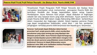 Pameran Hasil Projek Profil Pelajar Pancasila dan Budaya Kerja Peserta diddik SMK
Penyelesaian Projek Penguatan Profil Pelajar Pancasila dan Budaya Kerja
merupakan kesempatan untuk memamerkan pencapaian Peserta Didik dan
kontribusi Pendidik dan Tenaga kependidikan dalam setiap Capaian
Pembelajaran. Acara Pameran hasil projek dapat dilakukan di lingkungan
sekolah dan atau kawasan bisnis yang telah ditentukan. Tujuan pameran hasil
projek Peserta Didik SMK dalam rangka Rebranding SMK dalam berkontribusi
dalam masyarakat dan lingkungan sekolah. Dalam kegiatan pameran Projek
juga dapat menghadirkan Stakeholder, untuk MoU – Job Fair, pemberian
penghagaan terhadap peserta didik berprestasi dan kepada guru berprestasi.
58
https://artspace.id/2018/02/02/pameran-sekolah-wahana-belajar-berkreasi/
http://mtsn2temanggung.sch.id/ujian-praktek-melalui-bazar-dan-
pameran/
https://artspace.id/2018/02/02/pameran-sekolah-wahana-belajar-berkreasi/
http://mtsn2temanggung.sch.id/ujian-praktek-melalui-bazar-dan-
pameran/
Pameran hasil projek dapat dilakukan dalam bentuk
presentasi hasil projek peserta didik, untuk memberikan
pemahaman yang nyata tentang apa yang dipelajari dan
dilakukan peserta didik. Acara Pameran dapat berlangsung
dengan memberdayakan peserta didik dalam mengatur tata
letak dan desain pameran yang dilakukan secara kreatif dan
profesional. Pameran ini dapat dilaksanakan secara
kolaborasi antar SMK serta melibatkan Institusi Pasangan/
DUDI dalam rangka Link and Match
 