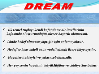  İlk temel tuğlayı kendi kafanda ve alt levellerinin
kafasında oluşturmadığın sürece başarılı olamazsın.
 İşinde hedef olmazsa yaptığın işin anlamı yoktur.
 Hedefler kısa vadeli uzun vadeli olmak üzere ikiye ayrılır.
 Hayaller itekleyici ve yakıcı sebebimizdir.
 Her şey senin hayalinin büyüklüğüne ve ciddiyetine bakar.
 İlk temel tuğlayı kendi kafanda ve alt levellerinin
kafasında oluşturmadığın sürece başarılı olamazsın.
 İşinde hedef olmazsa yaptığın işin anlamı yoktur.
 Hedefler kısa vadeli uzun vadeli olmak üzere ikiye ayrılır.
 Hayaller itekleyici ve yakıcı sebebimizdir.
 Her şey senin hayalinin büyüklüğüne ve ciddiyetine bakar.
 