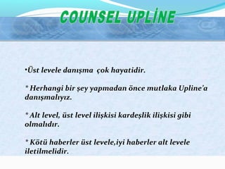 •Üst levele danışma çok hayatidir.
* Herhangi bir şey yapmadan önce mutlaka Upline’a
danışmalıyız.
* Alt level, üst level ilişkisi kardeşlik ilişkisi gibi
olmalıdır.
* Kötü haberler üst levele,iyi haberler alt levele
iletilmelidir.
 