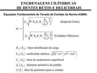 ( )
( ) ( )
( )
0
0
1
2 2
(Imperial Units)
(Unidades Métricas)
fator distribuição de carga
coeficiente elástico, / /
fator de acabamento superfíc
ft m
P v s
P
C
t H R
E v s
w I
m H
P E
f R
CK
C W K K K
d F I
K Z
Z W K K K
d b Z
K K
C Z lbf in N mm
C Z
σ




= 




( )
( )
1
ial
diametro primitivo do pinhão
fator de geometria para o contato
P w
I
d d
I Z
ENGRENAGENS CILÍNDRICAS
DE DENTES RETOS E HELICOIDAIS
Equações Fundamentais de Tensão de Contato da Norma AGMA:
 