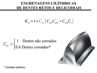 ENGRENAGENS CILÍNDRICAS
DE DENTES RETOS E HELICOIDAIS
( )1m pf pmmc ma eK C CC C C= + +
1 Dentes não coroados
0.8 Dentes coroados*
mcC

= 

* Contato esférico
 