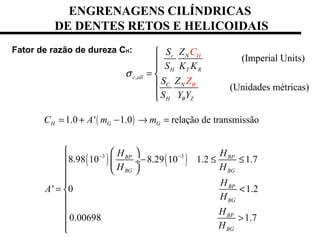 ENGRENAGENS CILÍNDRICAS
DE DENTES RETOS E HELICOIDAIS
Fator de razão de dureza CH:
( )
( ) ( )3 3
1.0 ' 1.0 relação de transmissão
8.98 10 8.29 10 1.2 1.7
' 0 1.2
0.00698 1.7
H G G
BP BP
BG BG
BP
BG
BP
BG
C A m m
H H
H H
H
A
H
H
H
− −
= + − → =
  
− ≤ ≤  ÷
 

= <


>

,
(Imperial Units)
(Unidades métricas)
c N
H T R
c all
C N
H Z
H
W
S Z
S K K
S Z
S
C
Z
Y Yθ
σ



= 


 