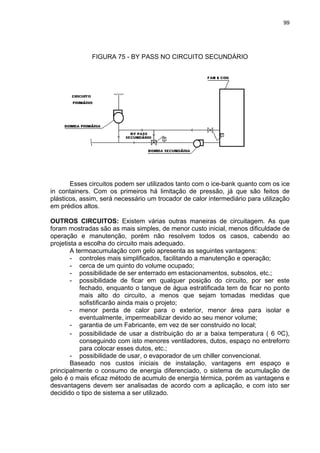 99
FIGURA 75 - BY PASS NO CIRCUITO SECUNDÁRIO
Esses circuitos podem ser utilizados tanto com o ice-bank quanto com os ice
in containers. Com os primeiros há limitação de pressão, já que são feitos de
plásticos, assim, será necessário um trocador de calor intermediário para utilização
em prédios altos.
OUTROS CIRCUITOS: Existem várias outras maneiras de circuitagem. As que
foram mostradas são as mais simples, de menor custo inicial, menos dificuldade de
operação e manutenção, porém não resolvem todos os casos, cabendo ao
projetista a escolha do circuito mais adequado.
A termoacumulação com gelo apresenta as seguintes vantagens:
- controles mais simplificados, facilitando a manutenção e operação;
- cerca de um quinto do volume ocupado;
- possibilidade de ser enterrado em estacionamentos, subsolos, etc.;
- possibilidade de ficar em qualquer posição do circuito, por ser este
fechado, enquanto o tanque de água estratificada tem de ficar no ponto
mais alto do circuito, a menos que sejam tomadas medidas que
sofistificarão ainda mais o projeto;
- menor perda de calor para o exterior, menor área para isolar e
eventualmente, impermeabilizar devido ao seu menor volume;
- garantia de um Fabricante, em vez de ser construido no local;
- possibilidade de usar a distribuição do ar a baixa temperatura ( 6 oC),
conseguindo com isto menores ventiladores, dutos, espaço no entreforro
para colocar esses dutos, etc.;
- possibilidade de usar, o evaporador de um chiller convencional.
Baseado nos custos iniciais de instalação, vantagens em espaço e
principalmente o consumo de energia diferenciado, o sistema de acumulação de
gelo é o mais eficaz método de acumulo de energia térmica, porém as vantagens e
desvantagens devem ser analisadas de acordo com a aplicação, e com isto ser
decidido o tipo de sistema a ser utilizado.
 