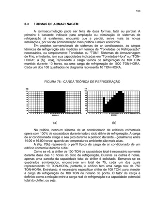 100
8.3 FORMAS DE ARMAZENAGEM
A termoacumulação pode ser feita de duas formas, total ou parcial. A
primeira é bastante indicada para ampliação ou otimização de sistemas de
refrigeração já existentes, enquanto que a parcial, serve mais às novas
instalações, por ser de administração mais prática e maior economia.
Em projetos convencionais de sistemas de ar condicionado, as cargas
térmicas de refrigeração são medidas em termos de "Toneladas de Refrigeração"
necessárias, ou simplesmente Toneladas ou "TON". Sistemas de Armazenagem
de Frio, entretanto, tem sua capacidades indicadas em "Toneladas-Hora" ou "TON-
HORA". a (fig. 76a), representa a carga teórica de refrigeração de 100 TON
mantida durante 10 horas, ou uma carga de refrigeração de 1000 TON-HORA.
Cada um dos 100 quadrados no diagrama representa 10 TON-HORA.
FIGURA 76 - CARGA TEÓRICA DE REFRIGERAÇÃO
(a) (b)
Na prática, nenhum sistema de ar condicionado de edifícios comerciais
opera com 100% de capacidade durante todo o ciclo diário de refrigeração. A carga
de ar condicionado atinge o seu pico durante o período da tarde - geralmente entre
14:00 e 16:00 horas- quando as temperaturas ambiente são mais altas.
A (fig. 76b) representa o perfil típico da carga de ar condicionado de um
edifício comercial durante o dia.
Como se vê, o chiller de 100 TON de capacidade total é necessário somente
durante duas das 10 horas do ciclo de refrigeração. Durante as outras 8 horas,
apenas uma parcela da capacidade total do chiller é solicitada. Somando-se os
quadrados sombreados, encontra-se um total de 75, cada um dos quais
representando 10 TON-HORA, portanto, o edifício tem uma carga real de 750
TON-HORA. Entretanto, é necessário especificar chiller de 100 TON, para atender
à carga de refrigeração de 100 TON no horário de ponta. O fator de carga é
definido como a relação entre a carga real de refrigeração e a capacidade potencial
total do chiller, ou seja:
 