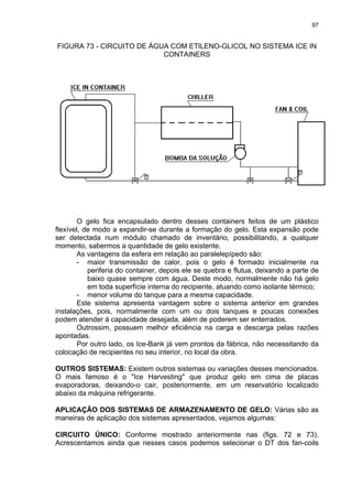 97
FIGURA 73 - CIRCUITO DE ÁGUA COM ETILENO-GLICOL NO SISTEMA ICE IN
CONTAINERS
O gelo fica encapsulado dentro desses containers feitos de um plástico
flexível, de modo a expandir-se durante a formação do gelo. Esta expansão pode
ser detectada num módulo chamado de inventário, possibilitando, a qualquer
momento, sabermos a quantidade de gelo existente.
As vantagens da esfera em relação ao paralelepípedo são:
- maior transmissão de calor, pois o gelo é formado inicialmente na
periferia do container, depois ele se quebra e flutua, deixando a parte de
baixo quase sempre com água. Deste modo, normalmente não há gelo
em toda superfície interna do recipiente, atuando como isolante térmico;
- menor volume do tanque para a mesma capacidade.
Este sistema apresenta vantagem sobre o sistema anterior em grandes
instalações, pois, normalmente com um ou dois tanques e poucas conexões
podem atender à capacidade desejada, além de poderem ser enterrados.
Outrossim, possuem melhor eficiência na carga e descarga pelas razões
apontadas.
Por outro lado, os Ice-Bank já vem prontos da fábrica, não necessitando da
colocação de recipientes no seu interior, no local da obra.
OUTROS SISTEMAS: Existem outros sistemas ou variações desses mencionados.
O mais famoso é o "Ice Harvesting" que produz gelo em cima de placas
evaporadoras, deixando-o cair, posteriormente, em um reservatório localizado
abaixo da máquina refrigerante.
APLICAÇÃO DOS SISTEMAS DE ARMAZENAMENTO DE GELO: Várias são as
maneiras de aplicação dos sistemas apresentados, vejamos algumas:
CIRCUITO ÚNICO: Conforme mostrado anteriormente nas (figs. 72 e 73).
Acrescentamos ainda que nesses casos podemos selecionar o DT dos fan-coils
 