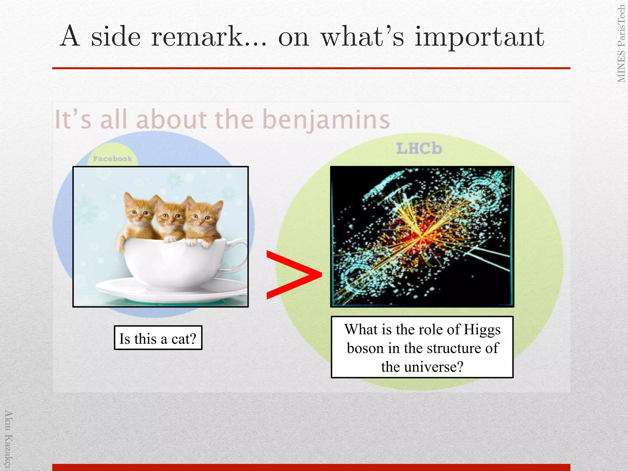 AkınKazakçı!
MINESParisTech!
A side remark… on what’s important!
Is this a cat?
What is the role of Higgs
boson in the structure of
the universe?
>
 