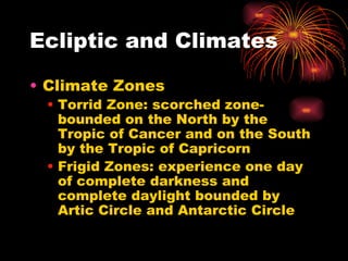 Ecliptic and Climates Climate Zones Torrid Zone: scorched zone- bounded on the North by the Tropic of Cancer and on the South by the Tropic of Capricorn Frigid Zones: experience one day of complete darkness and complete daylight bounded by Artic Circle and Antarctic Circle 