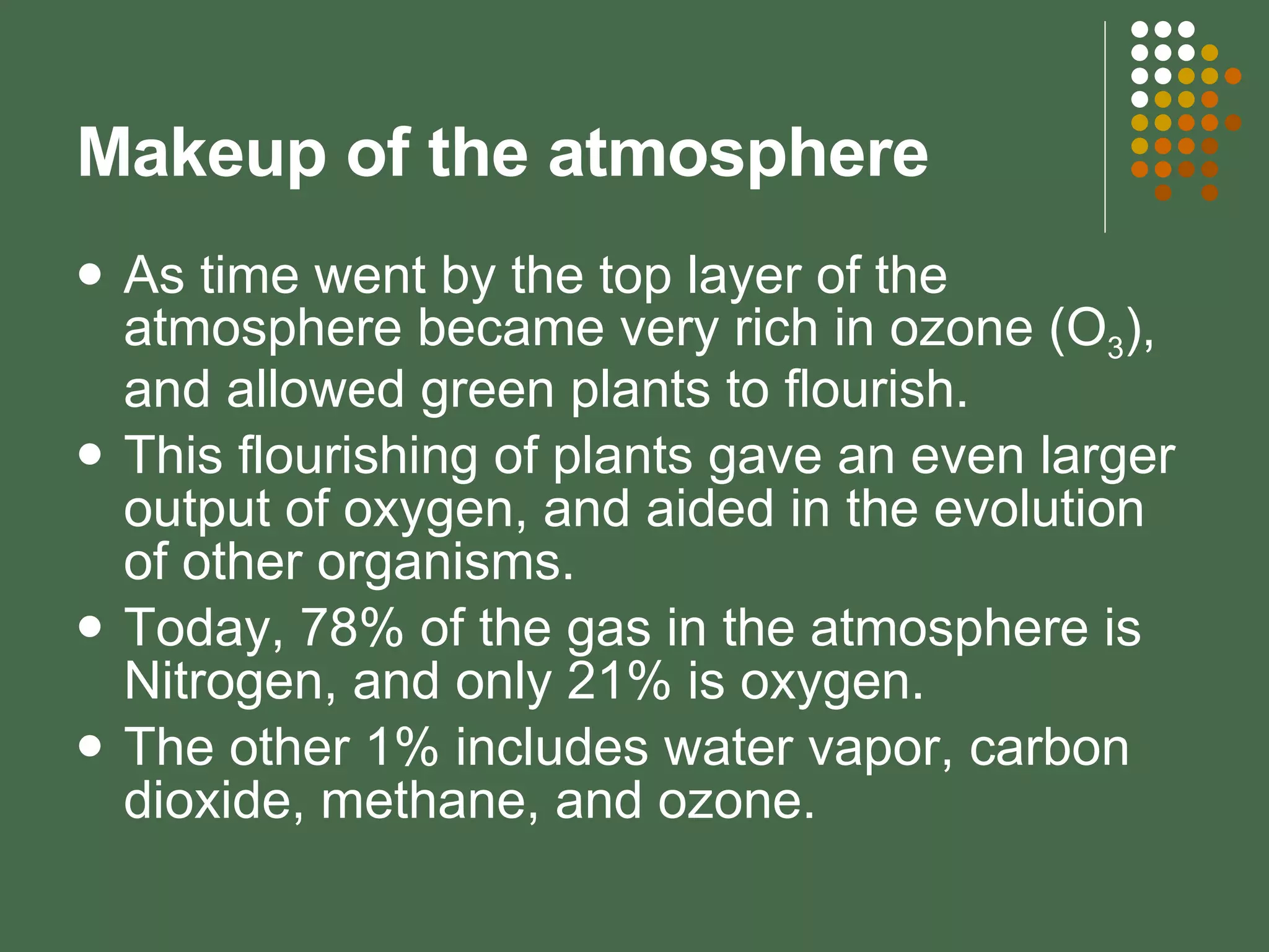 Makeup of the atmosphere As time went by the top layer of the atmosphere became very rich in ozone (O 3 ), and allowed green plants to flourish. This flourishing of plants gave an even larger output of oxygen, and aided in the evolution of other organisms.  Today, 78% of the gas in the atmosphere is Nitrogen, and only 21% is oxygen.  The other 1% includes water vapor, carbon dioxide, methane, and ozone. 