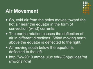 Air Movement So, cold air from the poles moves toward the hot air near the equator in the form of convection (wind) currents. The earths rotation causes the deflection of air in different directions.  Wind moving north above the equator is deflected to the right. Air moving south below the equator is deflected to the left. http://ww2010.atmos.uiuc.edu/(Gh)/guides/mtr/fw/crls.rxml 