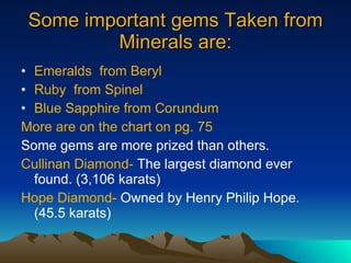 Some important gems Taken from Minerals are: Emeralds  from Beryl Ruby  from Spinel Blue Sapphire from Corundum More are on the chart on pg. 75 Some gems are more prized than others. Cullinan Diamond-  The largest diamond ever found. (3,106 karats) Hope Diamond-  Owned by Henry Philip Hope. (45.5 karats) 