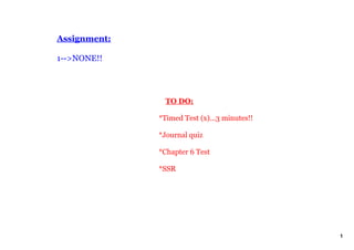Assignment:

1­­>NONE!!




                  TO DO:

              *Timed Test (x)...3 minutes!!

              *Journal quiz

              *Chapter 6 Test

              *SSR




                                              1
 