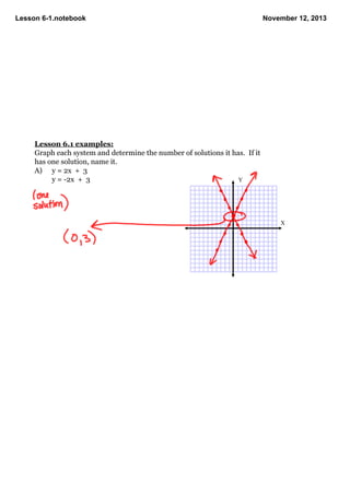 Lesson 61.notebook
November 12, 2013
Lesson 6.1 examples:
Graph each system and determine the number of solutions it has. If it
has one solution, name it.
A) y = 2x + 3
y = 2x + 3
Y
X