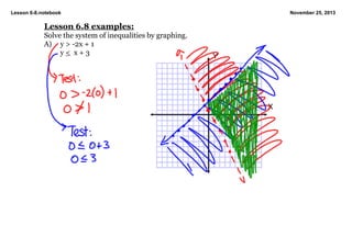 Lesson 6­8.notebook

November 25, 2013

Lesson 6.8 examples:
Solve the system of inequalities by graphing.
A) y > ­2x + 1
y <  x + 3

Y

X

 