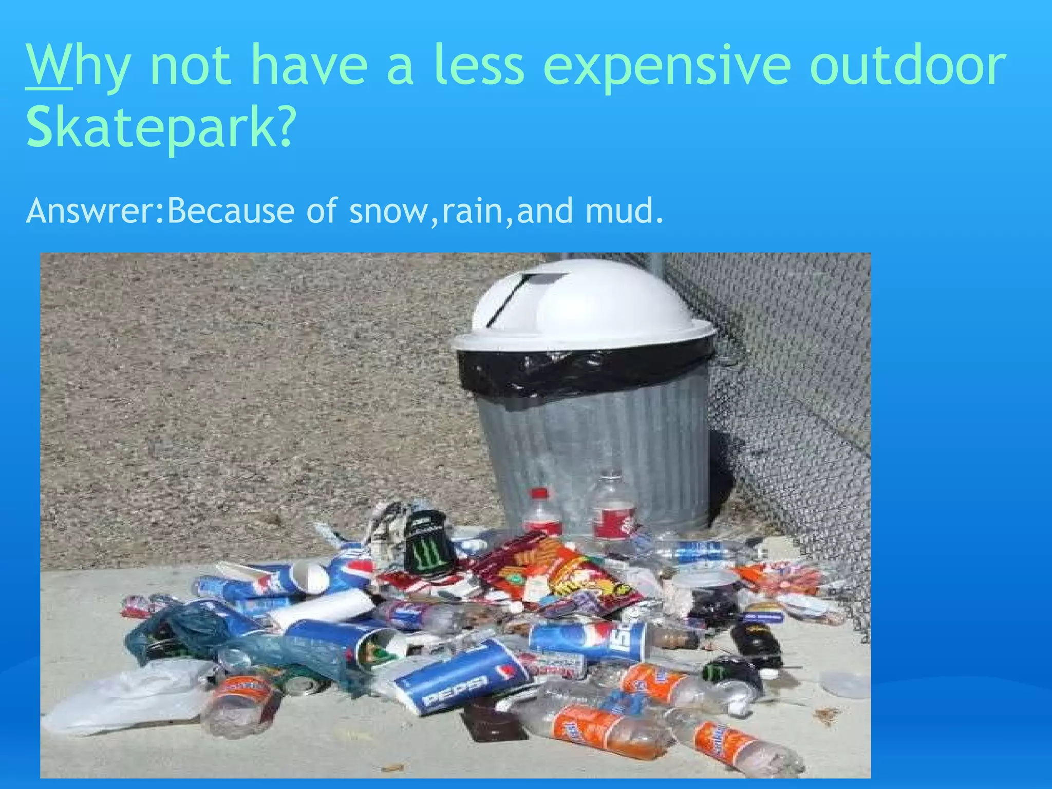 W hy not have a less expensive outdoor  S katepark? Answrer:Because of snow,rain,and mud. 