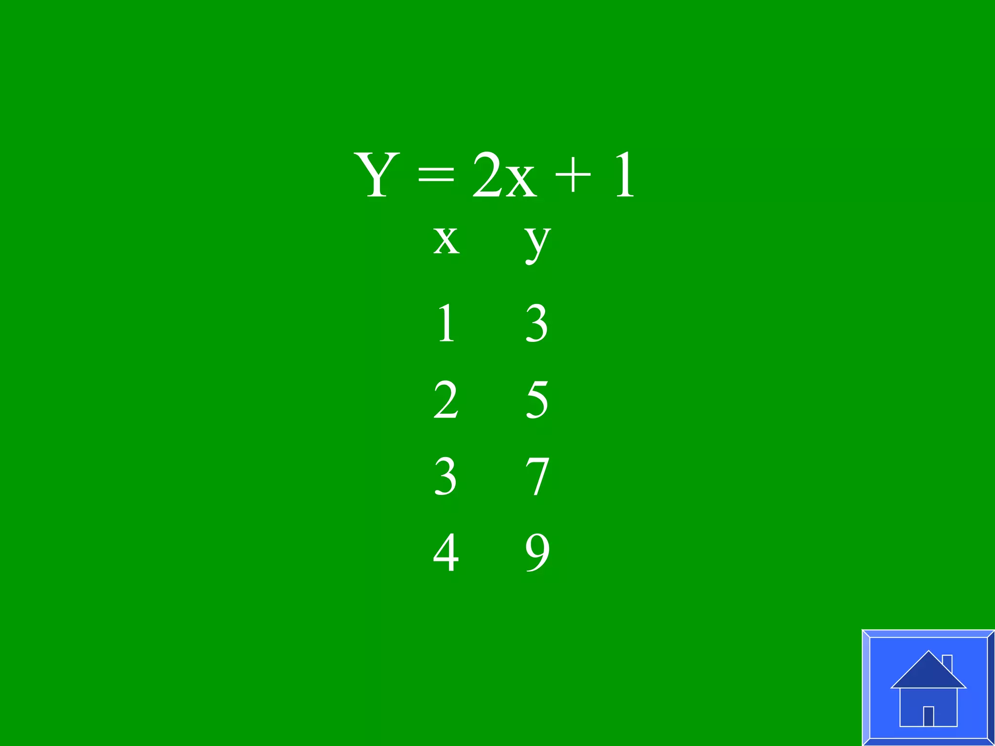 Y = 2x + 1
  x   y
  1   3
  2   5
  3   7
  4   9
 