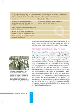 Social and Political Life 10
Now let us try and understand the ways in which the above
points get translated into certain ideals and rules by
studying some key features of the Indian Constitution.
The Indian Constitution: Key Features
By the beginning of the twentieth century, the Indian
national movement had been active in the struggle for
independence from British rule for several decades. During
the freedom struggle the nationalists had devoted a great
deal of time to imagining and planning what a free India
would be like. Under the British, they had been forced to
obey rules that they had had very little role in making.
The long experience of authoritarian rule under the colonial
state convinced Indians that free India should be a
democracy in which everyone should be treated equally
and be allowed to participate in government. What
remained to be done then was to work out the ways in
which a democratic government would be set up in India
and the rules that would determine its functioning. This
was done not by one person but by a group of around 300
people who became members of the Constituent Assembly
in 1946 and who met periodically for the next three years
to write India’s Constitution.
There was an extraordinary sense of unity
amongst the members of the Constituent
Assembly. Each of the provisions of the future
constitution was discussed in great detail and
there was a sincere effort to compromise and
reach an agreement through consensus. The
above photo shows Sardar Vallabhbhai Patel, a
prominent member of the Constituent Assembly.
Let us recap the reasons why the Constitution plays an important role in democratic societies by
recalling the constitutive rules that you have read about through these examples:
Example Constitutive Rules
The people of Nepal adopted a new It lays down ideals that define the kind of
Constitution after the success of the country that we want to live in.
people’s movement for democracy.
Suresh, the class monitor wrongly picks on
Anil, his classmate.
The girls do not get to play basketball
because the boys are a majority in class.
Shabnam decides to revise her chapters
instead of watching TV.
Q
 