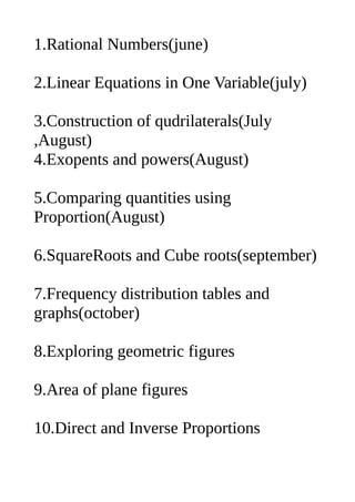 1.Rational Numbers(june)
2.Linear Equations in One Variable(july)
3.Construction of qudrilaterals(July
,August)
4.Exopents and powers(August)
5.Comparing quantities using
Proportion(August)
6.SquareRoots and Cube roots(september)
7.Frequency distribution tables and
graphs(october)
8.Exploring geometric figures
9.Area of plane figures
10.Direct and Inverse Proportions
 