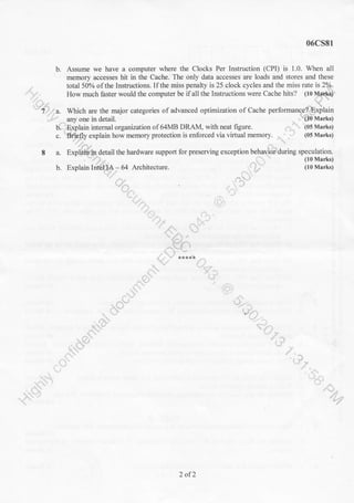 06cs81
b. Assume we have a computer where the Clocks Per Instruction (CPI) is 1.0. When all
memory accesses hit in the Cache. The only data accesses are loads and stores and these
@
)/n
vp
-J,
/)L,r/ e
t}
'ts,s*
-..9n
r.W*I.*
.Nv ag-
..* Y
fl
aV
rly
xv
{. -a'
(,,
{*}
*cI.
,
'(l:"
'"ar{-J
,,
./t,ry
(
+S'
2 of2
 