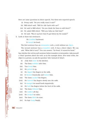 Honeydew
94
94
94
94
94
Here are some questions in direct speech. Put them into reported speech.
(i) Penny said, “Do you really want it son?”
(ii) Mill-wheel said, “Will he ride back with me?”
(iii) He said to Mill-wheel, “Do you think the fawn is still there?”
(iv) He asked Mill-wheel, “Will you help me find him?”
(v) He said, “Was it up here that Pa got bitten by the snake?”
2. Look at these two sentences.
He tumbled backward.
It turned its head.
The first sentence has an intransitive verb, a verb without an object.
The second sentence has a transitive verb. It has a direct object. We can
ask: “What did it turn?” You can answer: “Its head. It turned its head.”
Say whether the verb in each sentence below transitive or intransitive. Ask yourself
a ‘what’ question about the verb, as in the example above. (For some verbs, the
object is a person, so ask the question ‘who’ instead of ‘what’).
(i) Jody then went to the kitchen.
(ii) The fawn wobbled after him.
(iii) You found him.
(iv) He picked it up.
(v) He dipped his fingers in the milk.
(vi) It bleated frantically and butted him.
(vii) The fawn sucked his fingers.
(viii) He lowered his fingers slowly into the milk.
(ix) It stamped its small hoofs impatiently.
(x) He held his fingers below the level of the milk.
(xi) The fawn followed him.
(xii) He walked all day.
(xiii) He stroked its sides.
(xiv) The fawn lifted its nose.
(xv) Its legs hung limply.
 