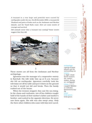 The Tsunami 25
25
25
25
25
I
I
I
I
I
These stories are all from the Andaman and Nicobar
archipelago.
Ignesious was the manager of a cooperative society
in Katchall. His wife woke him up at 6 a.m. because
she felt an earthquake. Ignesious carefully took his
television set off its table and put it down on the ground
so that it would not fall and break. Then the family
rushed out of the house.
When the tremors stopped, they saw the sea rising.
In the chaos and confusion, two of his children caught
hold of the hands of their mother’s father and mother’s
brother, and rushed in the opposite direction. He never
saw them again. His wife was also swept away. Only
the three other children who came with him were saved.
A tsunami is a very large and powerful wave caused by
earthquakes under the sea. On 26 December 2004, a tsunami hit
Thailand and parts of India such as the Andaman and Nicobar
Islands, and the Tamil Nadu coast. Here are some stories of
courage and survival.
Did animals sense that a tsunami was coming? Some stories
suggest that they did.
archipelago:
a group of many
islands and the
surrounding sea
tremor:
a slight shake
Earth tremors:
the earth’s
shakes during
an earthquake
chaos:
complete disorder
or confusion
[pronounced, kay-
os]
relief
helicopters:
helicopters
 