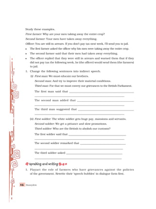 Honeydew
46
46
46
46
46
Study these examples.
First farmer: Why are your men taking away the entire crop?
Second farmer: Your men have taken away everything.
Officer: You are still in arrears. If you don’t pay tax next week, I’ll send you to jail.
 The first farmer asked the officer why his men were taking away the entire crop.
 The second farmer said that their men had taken away everything.
 The officer replied that they were still in arrears and warned them that if they
did not pay tax the following week, he (the officer) would send them (the farmers)
to jail.
1. Change the following sentences into indirect speech.
(i) First man: We must educate our brothers.
Second man: And try to improve their material conditions.
Third man: For that we must convey our grievances to the British Parliament.
The first man said that ______________________________________________
___________________________________________________________________
The second man added that _______________________________________
___________________________________________________________________
The third man suggested that ________________________________________
___________________________________________________________________
(ii) First soldier: The white soldier gets huge pay, mansions and servants.
Second soldier: We get a pittance and slow promotions.
Third soldier: Who are the British to abolish our customs?
The first soldier said that ___________________________________________
___________________________________________________________________
The second soldier remarked that __________________________________
__________________________________________________________________
The third soldier asked __________________________________________
_________________________________________________________________
1. Playact the role of farmers who have grievances against the policies
of the government. Rewrite their ‘speech bubbles’ in dialogue form first.
 