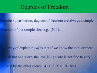 Degrees of Freedom
For the t distribution, degrees of freedom are always a simple
function of the sample size, e.g., (N-1).
One way of explaining df is that if we know the total or mean,
and all but one score, the last (N-1) score is not free to vary. It
is fixed by the other scores. 4+3+2+X = 10. X=1.
 