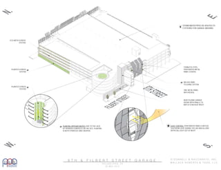 LIGHT CONTROL: PERFORATED PANELS DIFFUSE
SOUTHERN LIGHT DURING THE DAY AND ALLOWS
ARTIFICIAL LIGHT OUT AT NIGHT
PLANTING OPPOURTUNITIES: DUE TO THE LACK
OF PERVIOUS SURFACES ON THE SITE, PLANTING
IS BOTH STRATEGIC AND CREATIVE
FILBERTSTREET
S.E.
ZINC METAL PANEL
WITH REVEAL
WELDED WIRE
TELLISING SYSTEM
STAINLESS STEEL
PERFORATED METAL
PANEL SCREEN
8THSTREET
N.W.
ECO MESH SCREEN
SYSTEM
NEW FOLDING GARAGE
DOORS WITH PANELS TO
MATCH SCREEN AT RIGHT
PLANTED SCREEN
SYSTEM
PLANTED SCREEN
SYSTEM
STORM WATER PIPES RE-ROUTED TO
CYSTERNS FOR GARAGE WASHING
8 T H & F I L B E R T S T R E E T G A R A G E
P H I L A D E L P H I A , P A
3 0 M A Y 2 0 1 3
O ’ D O N N E L L & N A C C A R A T O , I N C .
W A L L A C E R O B E R T S & T O D D , L L C .
 
