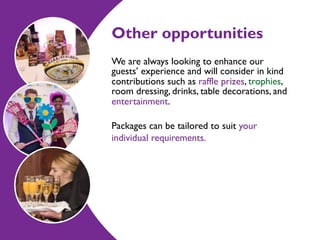 Other opportunities
We are always looking to enhance our
guests’ experience and will consider in kind
contributions such as raffle prizes, trophies,
room dressing, drinks, table decorations, and
entertainment.  
Packages can be tailored to suit your
individual requirements.
 