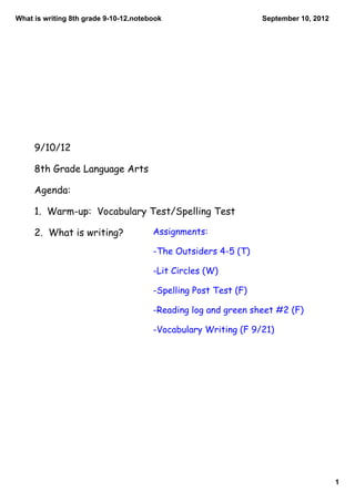 Whatiswriting8thgrade9­10­12.notebook                       September10,2012




     9/10/12

     8th Grade Language Arts

     Agenda:

     1. Warm-up: Vocabulary Test/Spelling Test

     2. What is writing?               Assignments:

                                       -The Outsiders 4-5 (T)

                                       -Lit Circles (W)

                                       -Spelling Post Test (F)

                                       -Reading log and green sheet #2 (F)

                                       -Vocabulary Writing (F 9/21)




                                                                                      1
 
